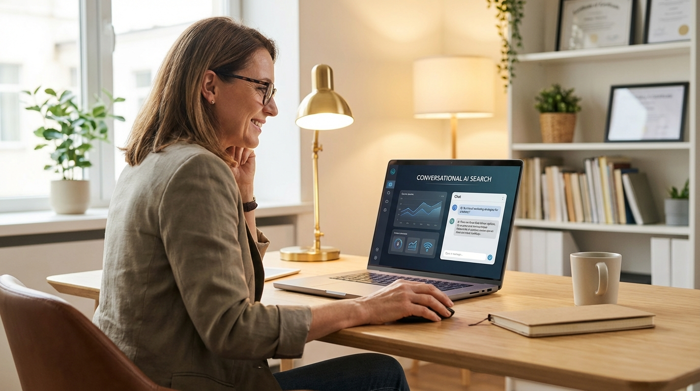 Small business owner optimizing website for AI conversational search