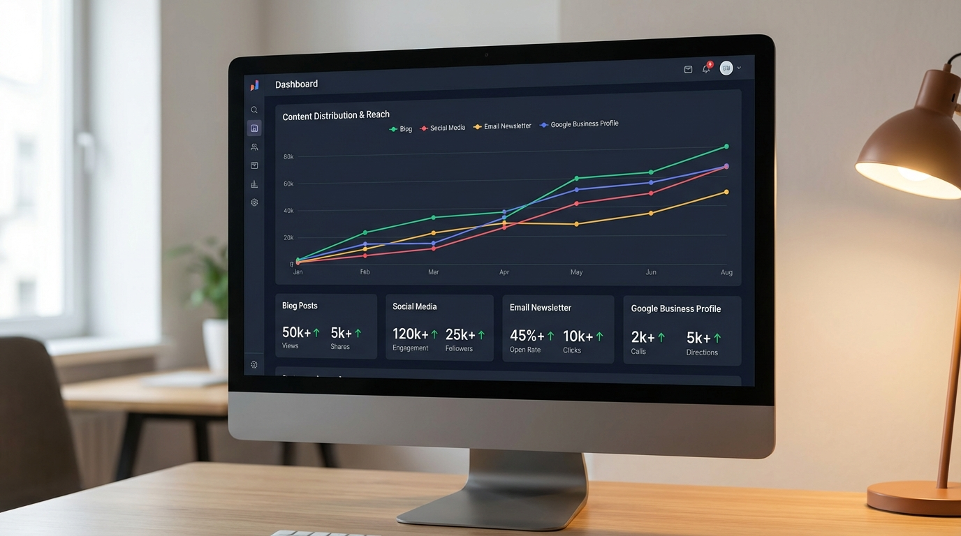 Digital marketing dashboard showing content cluster distribution across multiple online channels