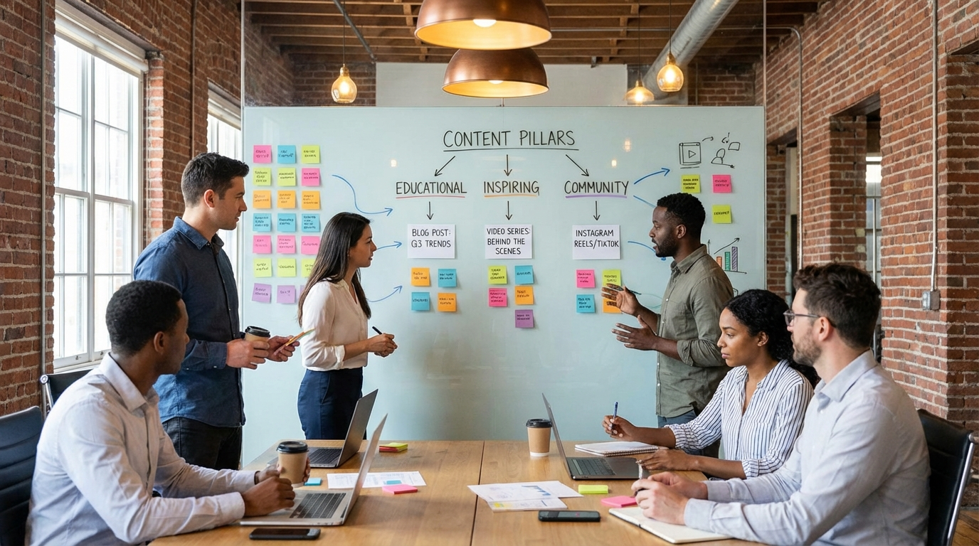 Marketing team mapping content ecosystem pillars on whiteboard with sticky notes