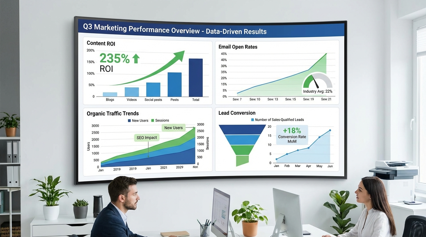 Content marketing analytics dashboard showing ROI email and organic traffic results