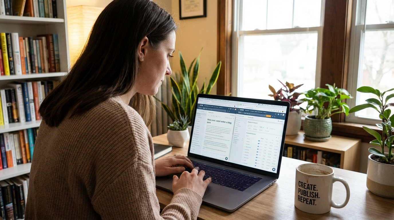 Content writer using keyword research tools to optimize blog post for SEO