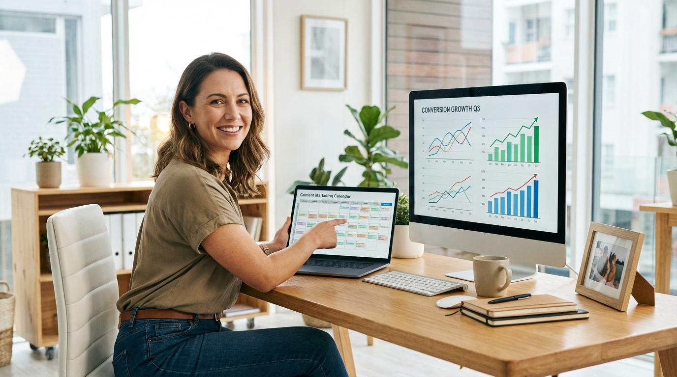 Small business owner reviewing content marketing strategy on laptop