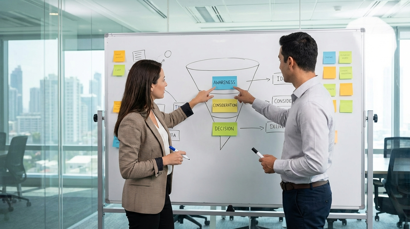 Marketing funnel diagram showing awareness consideration decision stages