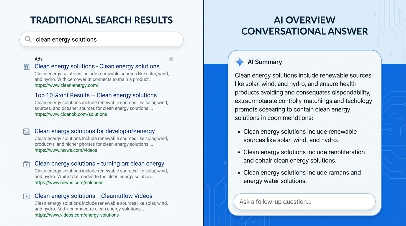 Comparison of traditional keyword search versus AI conversational search results