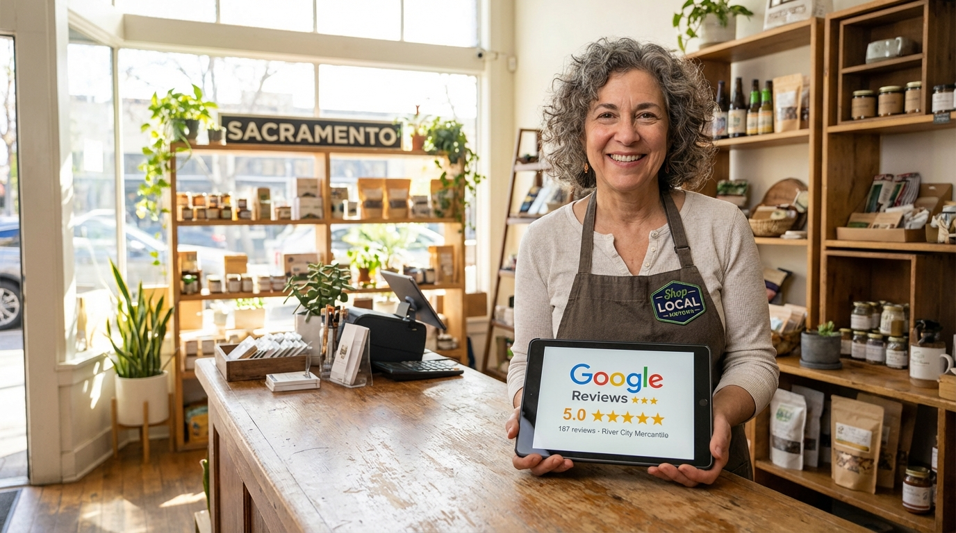 Local Sacramento business owner showing five-star Google reviews on tablet at storefront