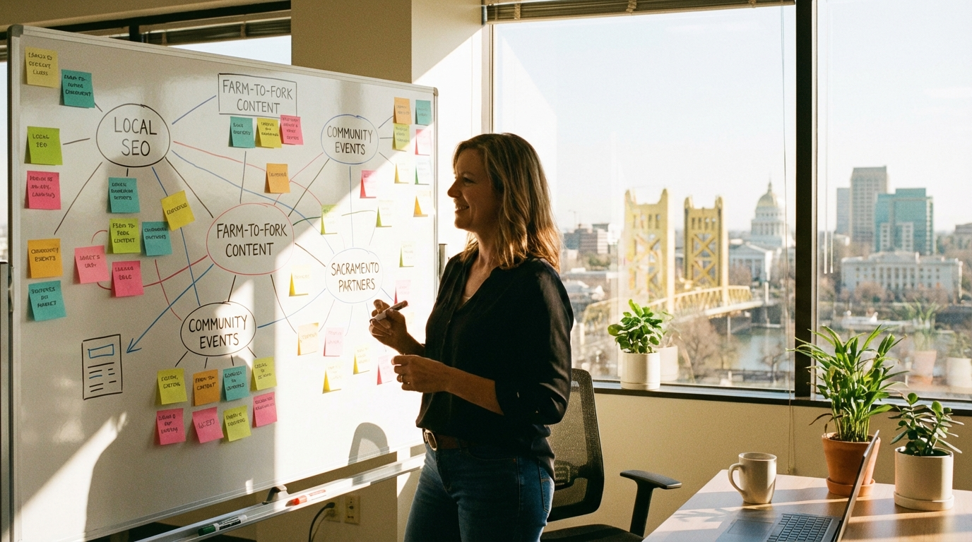 Sacramento small business owner planning content cluster strategy on whiteboard