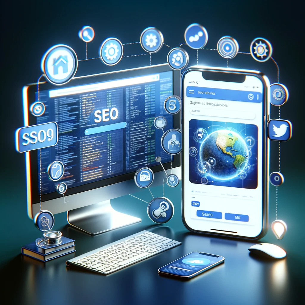 Mobile and desktop screens displaying features of SEO and SMO.