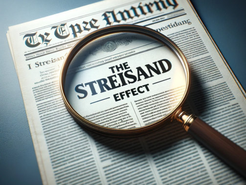 Magnifying glass highlighting a newspaper headline on the Streisand Effect.