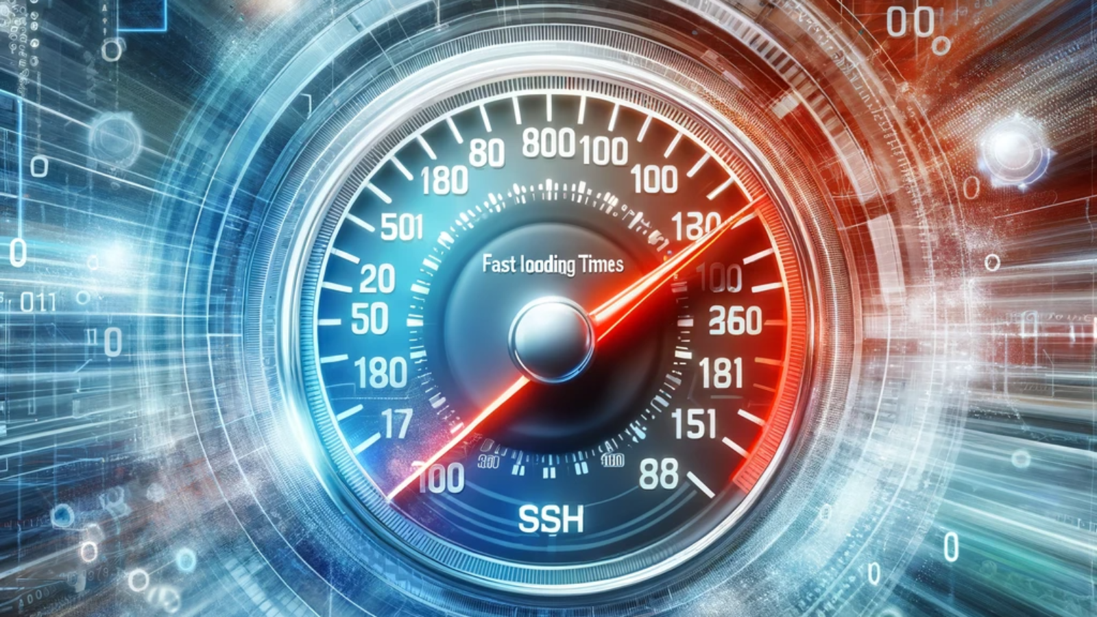 Fast website loading speed illustrated by a speedometer and digital background.